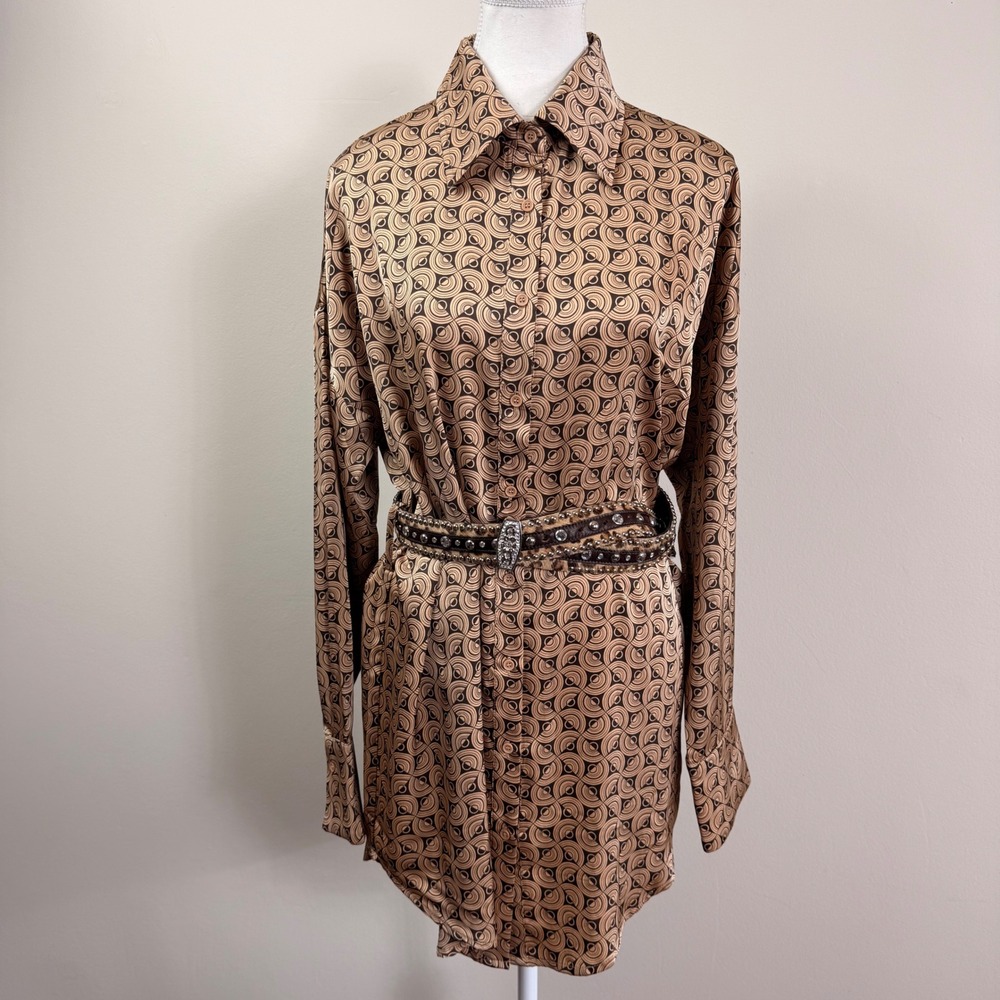 12th Tribe Brown Tan Geometric Swirl Print Button Down Shirt Dress Small